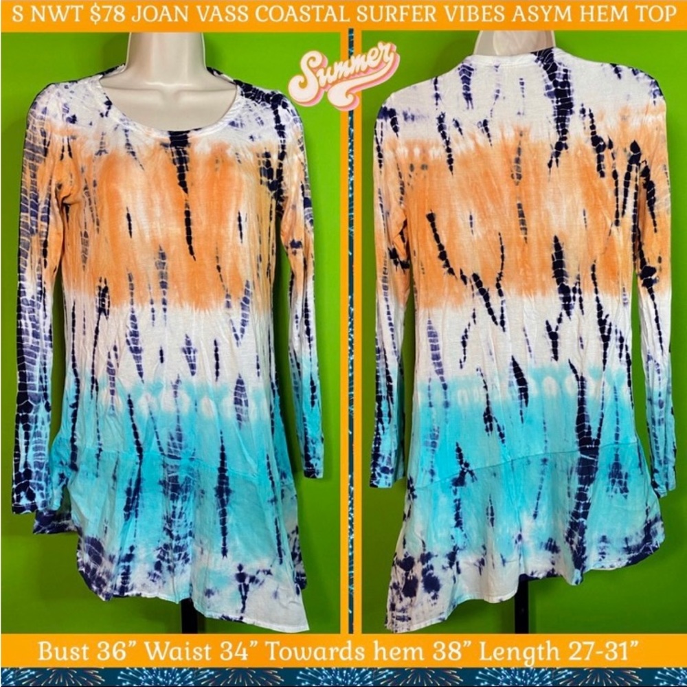 S NWT $78 KNIT TOP JOAN VASS "MONACO" COASTAL VIBES PASTELS TIE DYE ASYM HEM